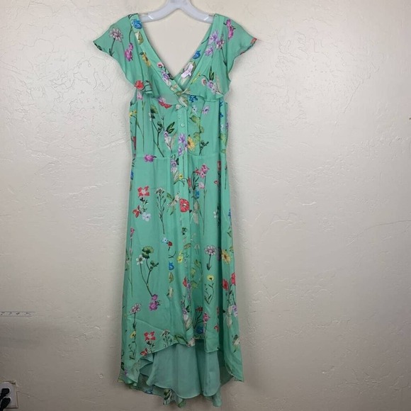 Parker Womens Dress Green Silk Blend Maxi Floral Asymmetric V Neck 4 New